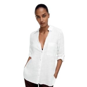 Zara White Linen Button Down Shirt w Convertible Roll Up Epaulette women's XS